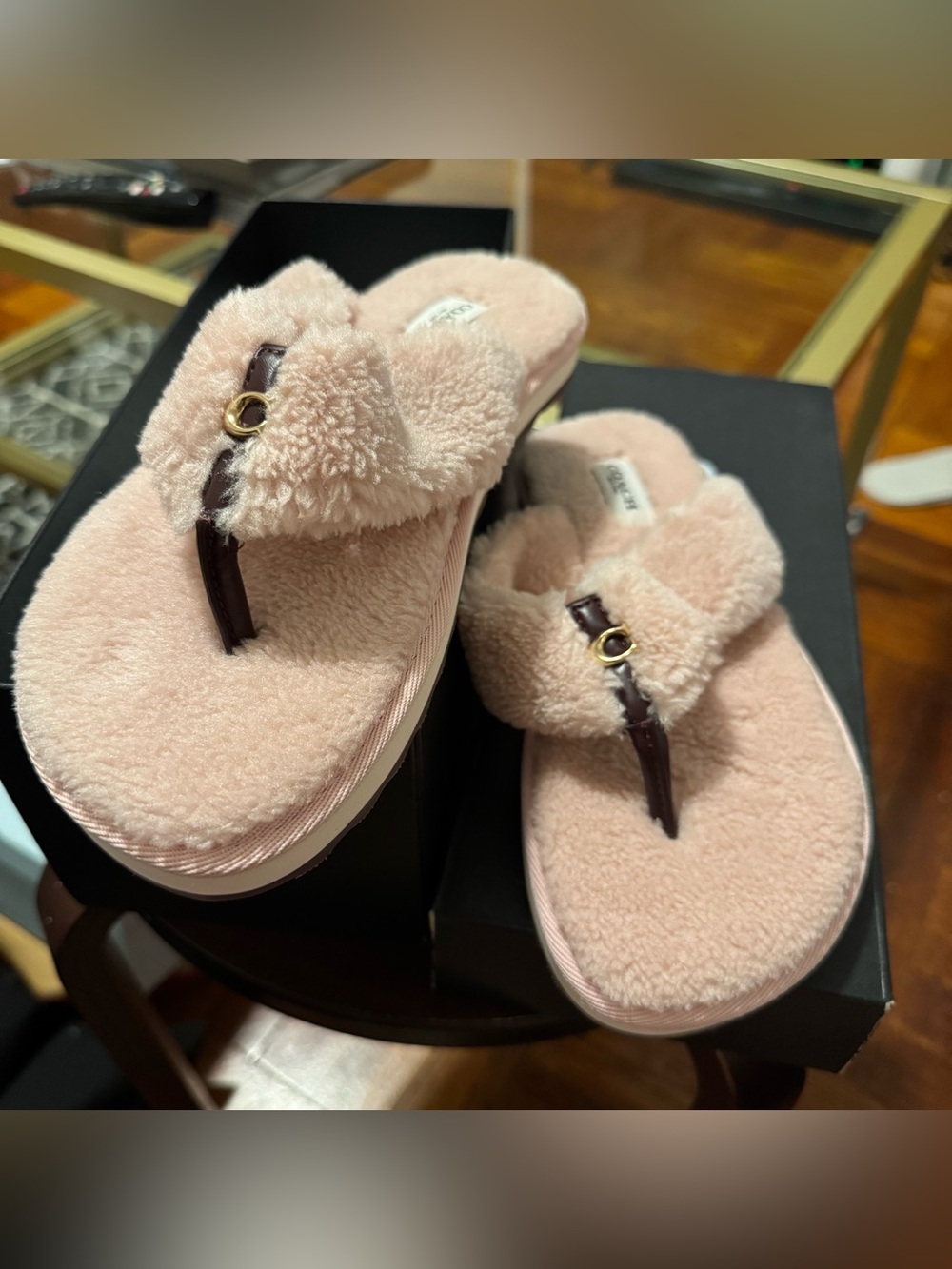 Coach Pink Shearling Thong Slippers with Gold Ring Detail - Women